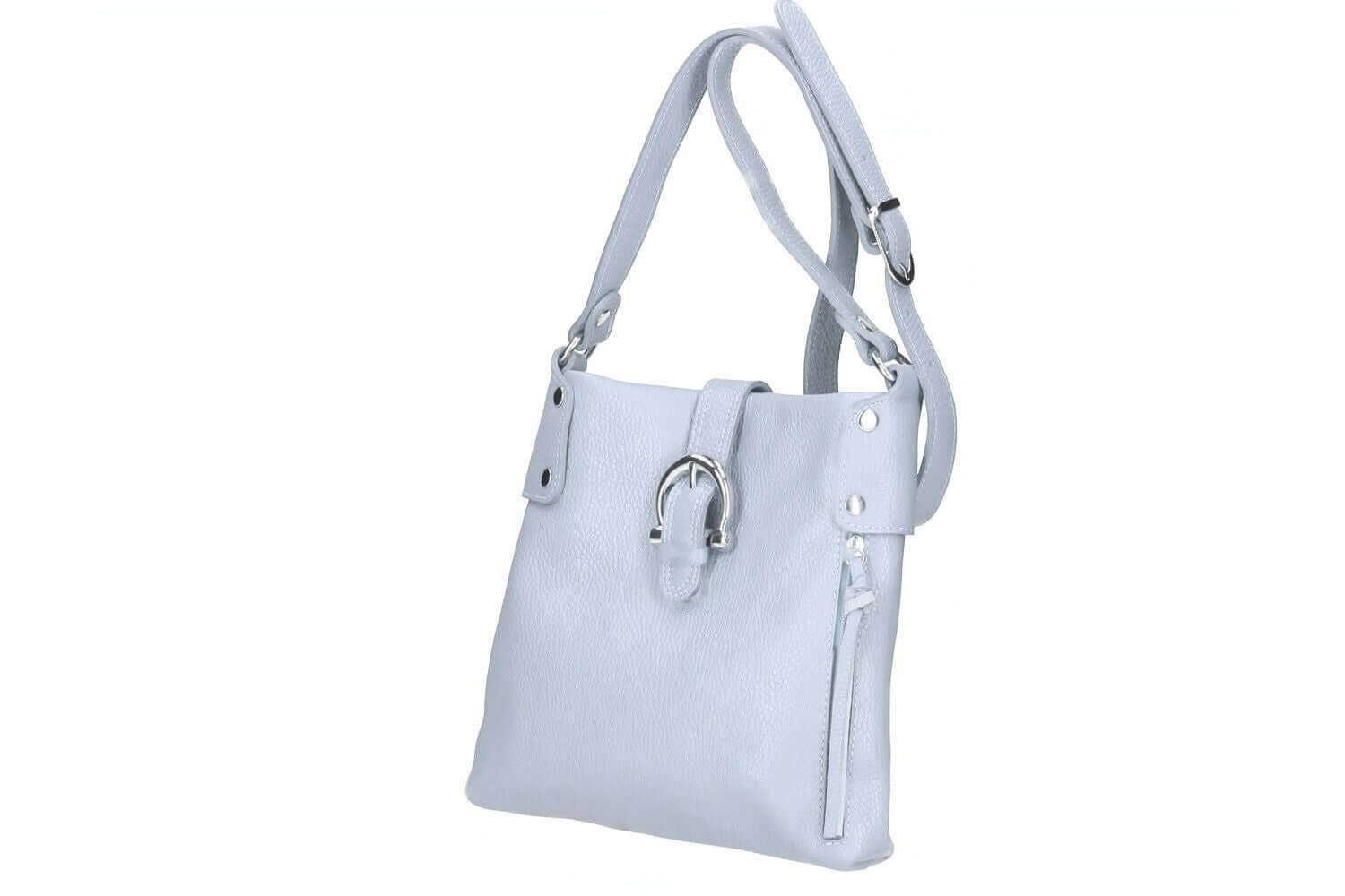 Borsa a tracolla HOPE in vera pelle celeste, design morbido, made in Italy, regolabile, con tasche interne ed esterne.