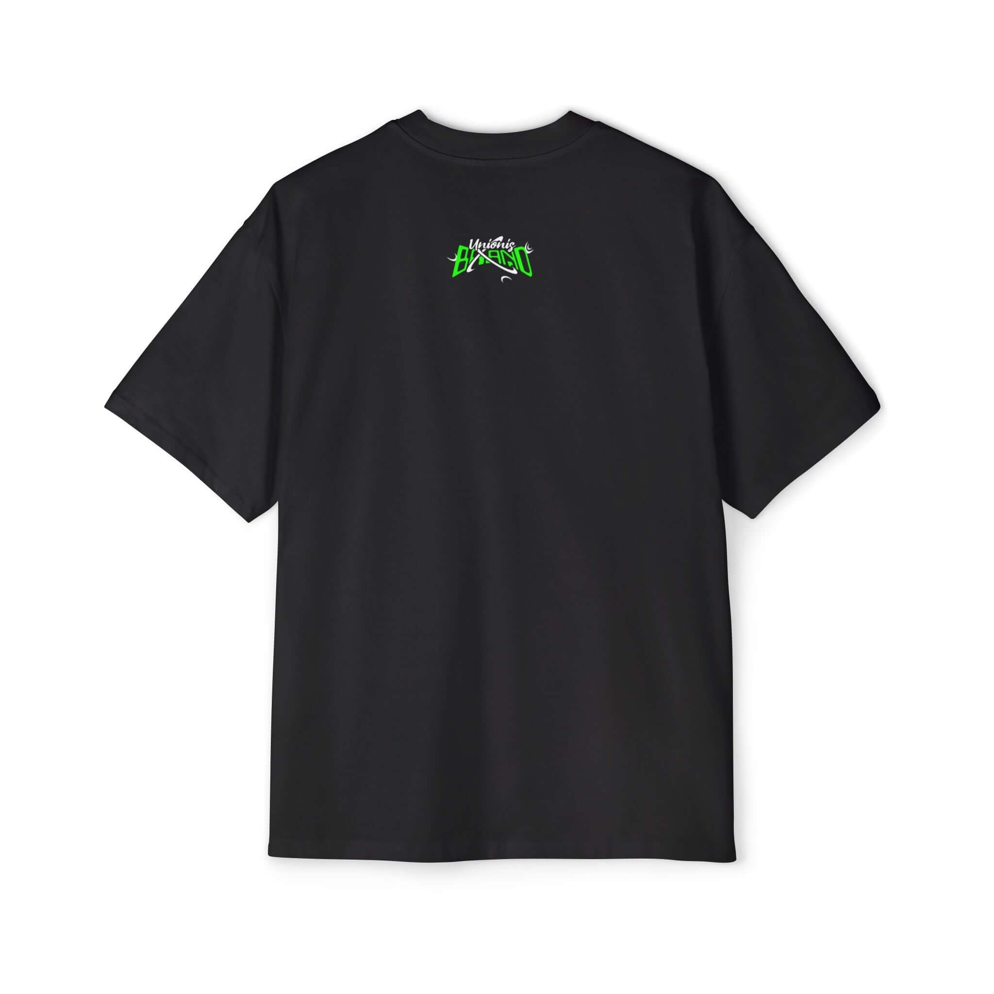 T-shirt oversize unisex nera con logo Unionis piccolo verde, 100% cotone, made in Italy, stile boxyfit