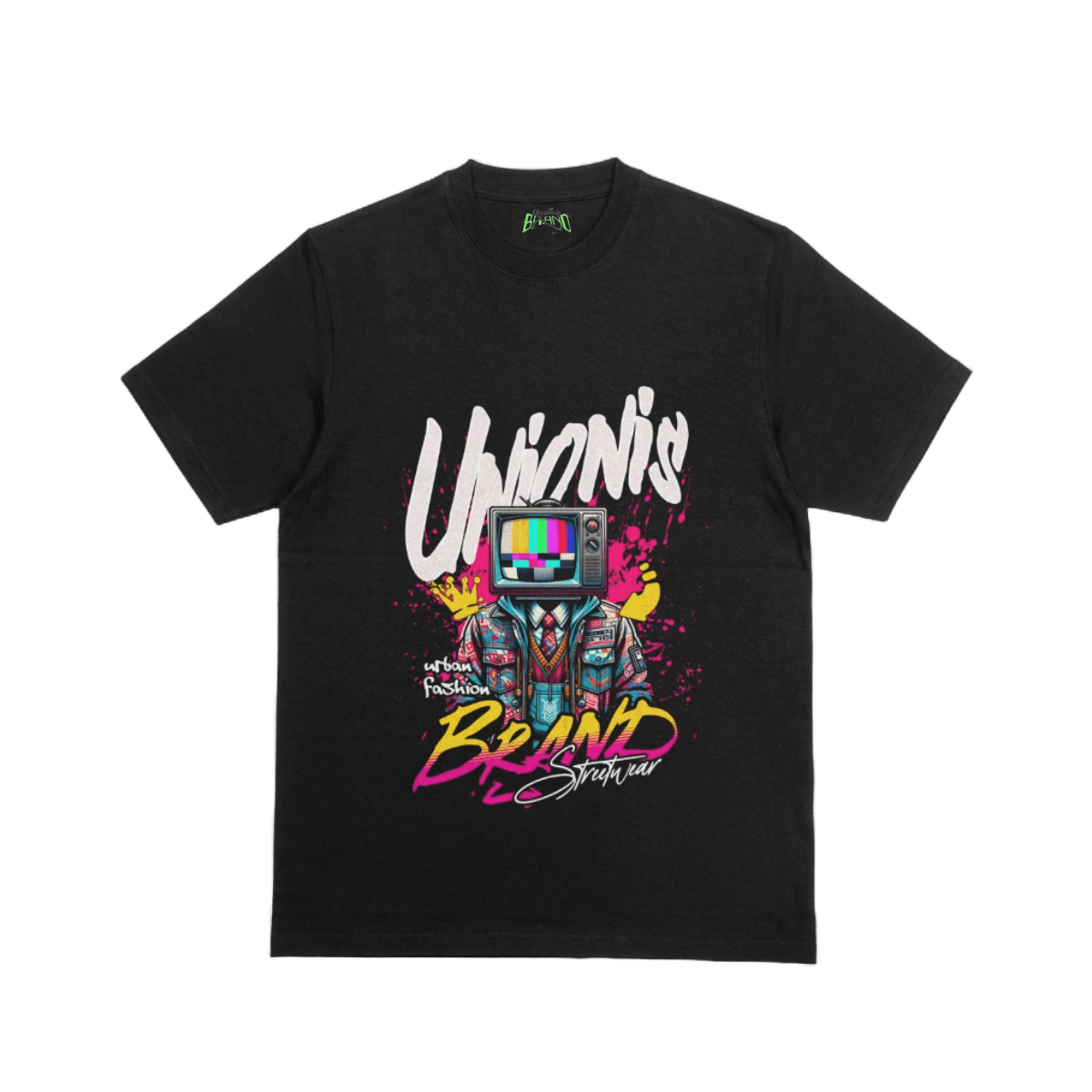 T-shirt unisex nera con stampa colorata, 100% cotone, made in Italy, stile oversize boxyfit, tessuto 180 gr