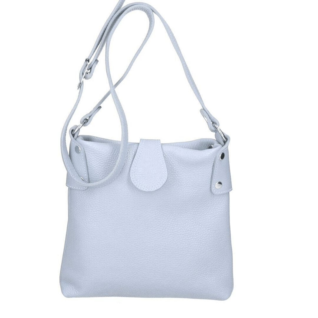 Borsa a tracolla donna in vera pelle celeste HOPE, realizzata in Italia, tracolla regolabile, tasche interne ed esterne con zip.