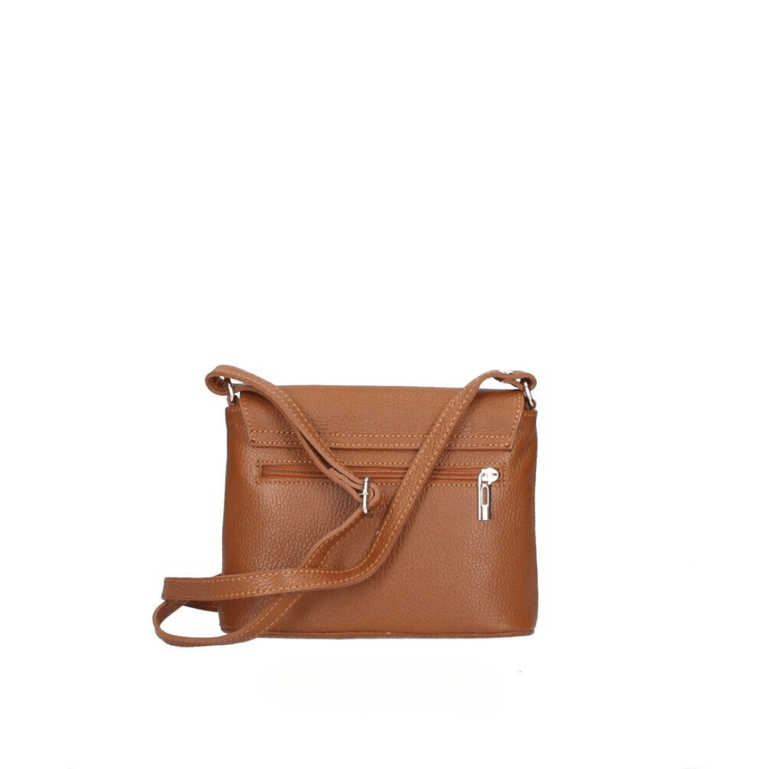 Borsa tracollina FABIOLA in vera pelle marrone con zip e tracolla regolabile, accessori nickel, fatta in Italia.