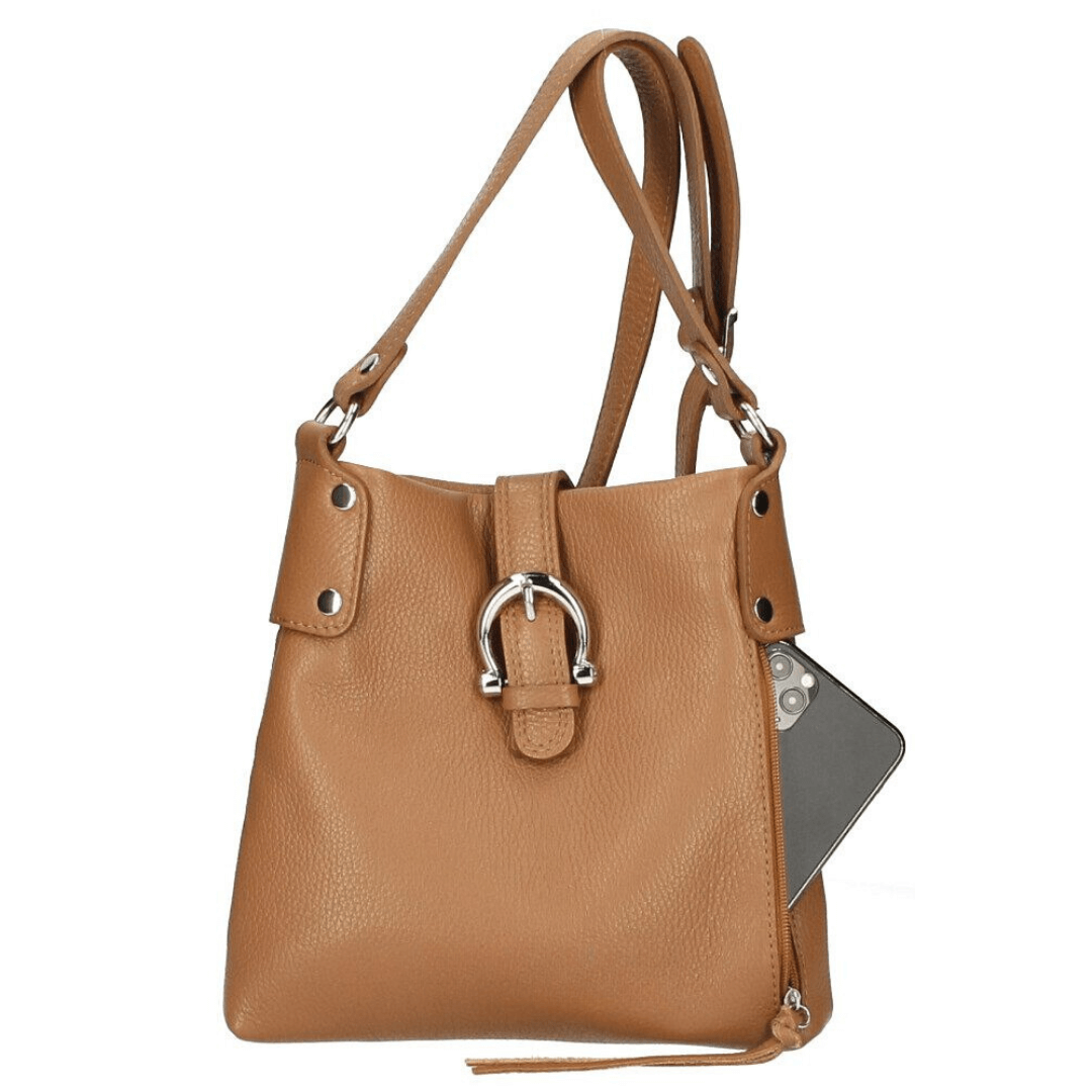 Borsa a tracolla in pelle marrone con tracolla regolabile e tasche con zip, made in Italy.