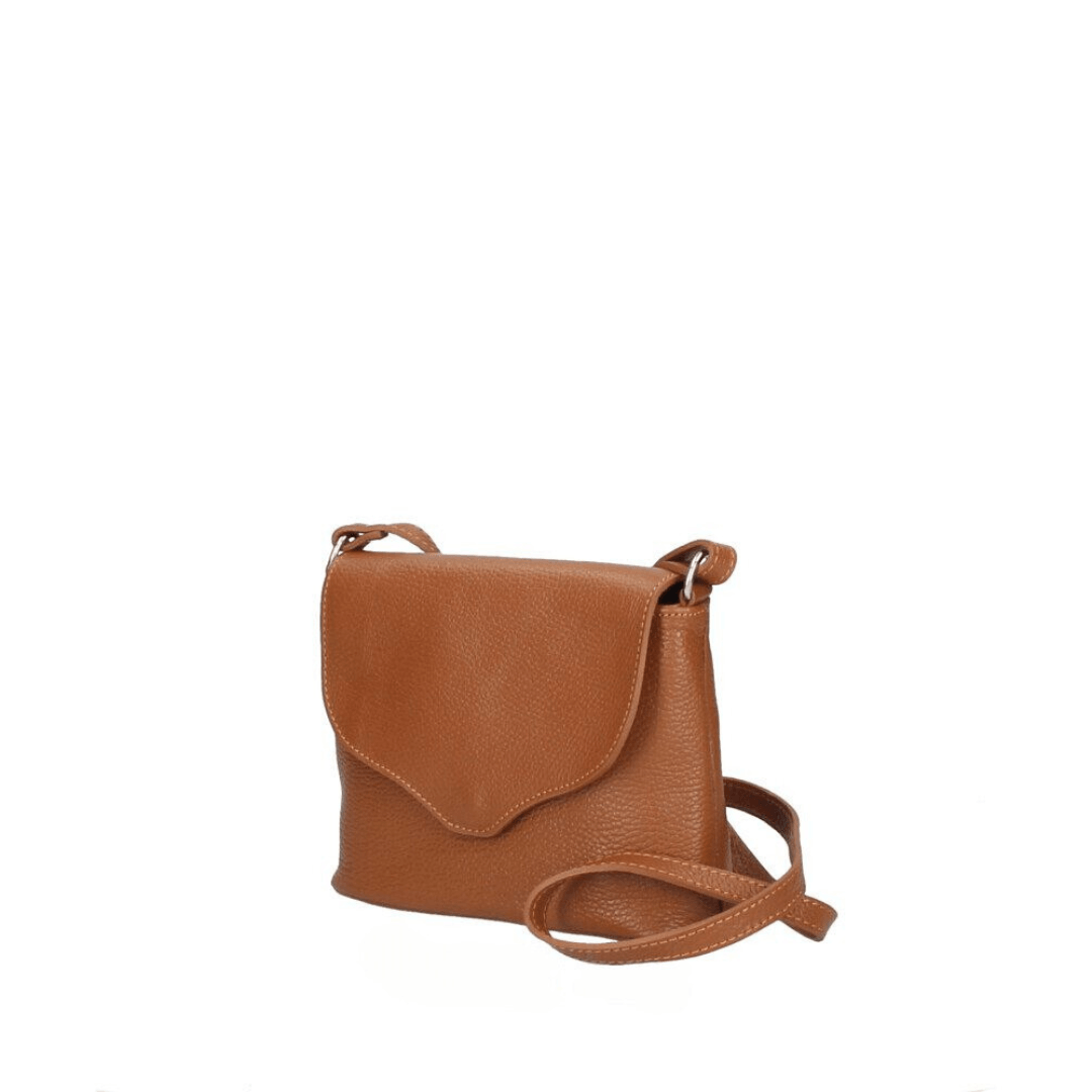 Borsa tracollina FABIOLA in vera pelle marrone, borsa donna made in Italy con tracolla regolabile e accessori nickel.