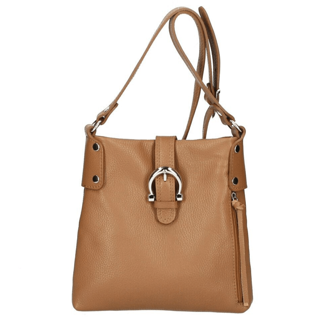 Borsa a tracolla HOPE in vera pelle color cognac, made in Italy, con tasche interne ed esterne, e tracolla regolabile.