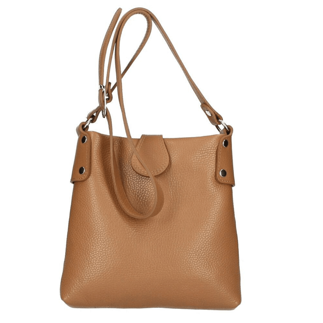 Borsa a tracolla HOPE in vera pelle dollaro colore cognac, made in Italy, con tracolla regolabile e tasche con zip.