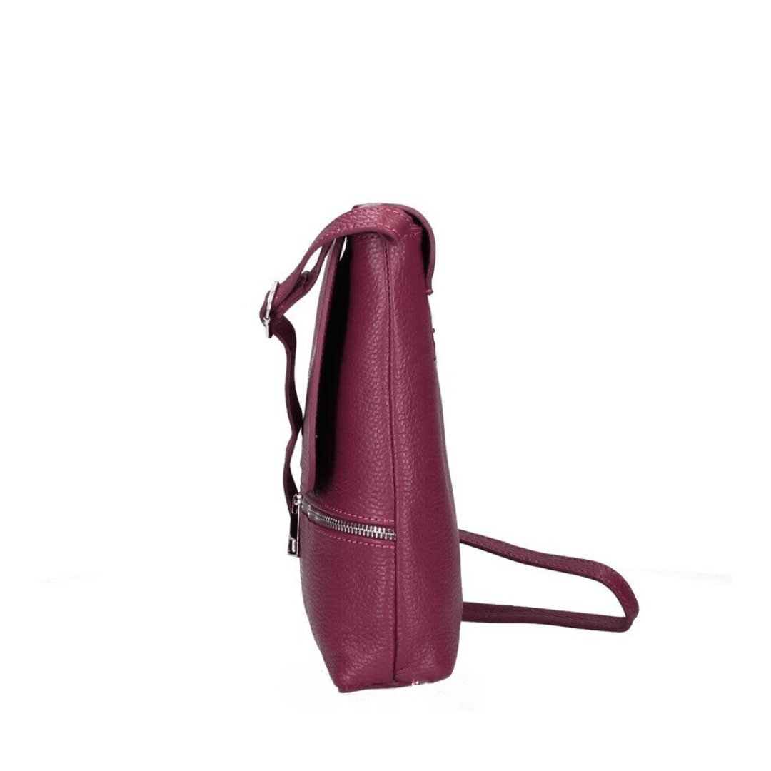 Borsa a tracolla GERALDINA in vera pelle colore vino, made in Italy, con tasca esterna con zip su sfondo bianco.