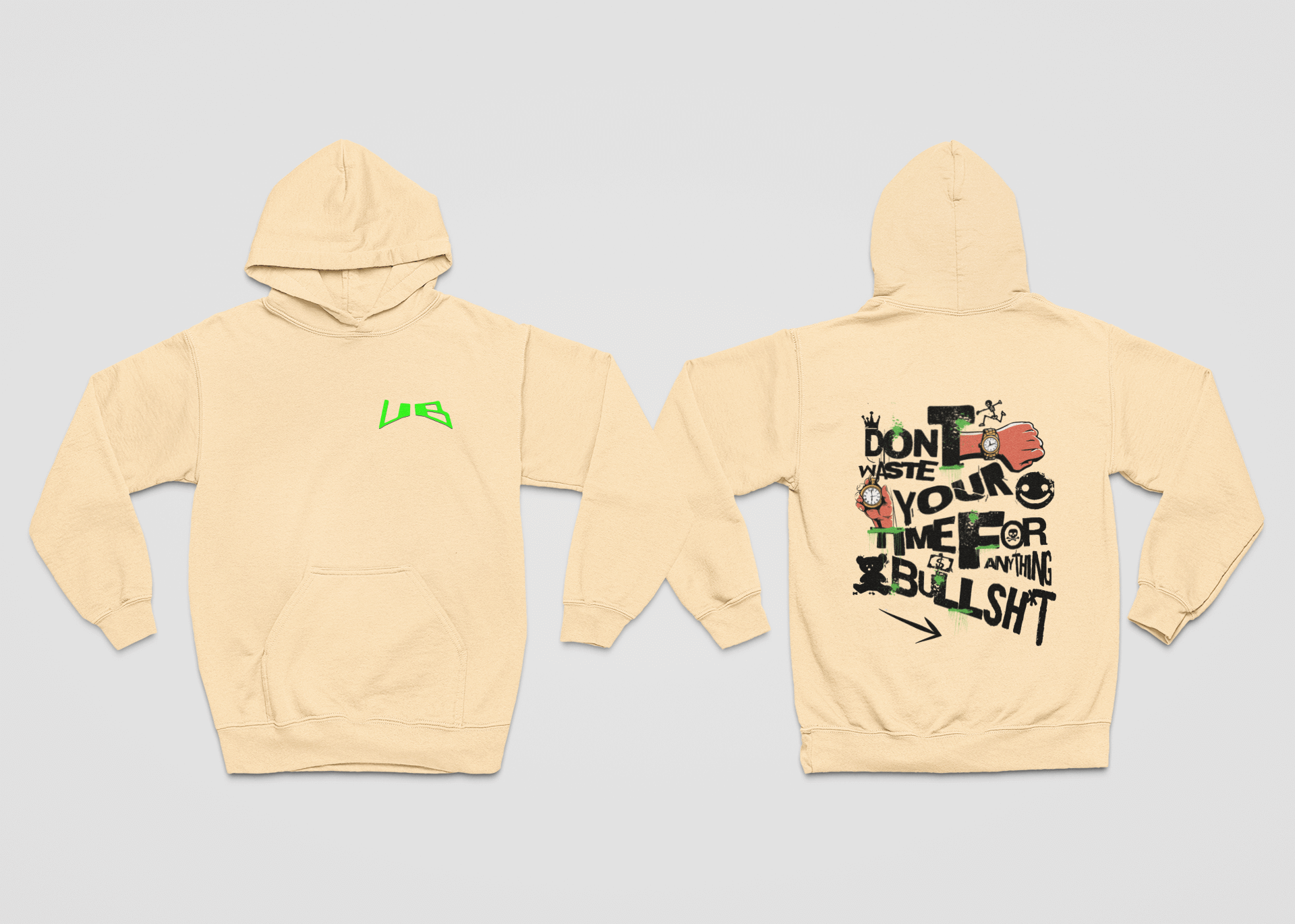 Beige unisex hoodie bullsht oversized, featuring high-quality graphic print, made in Italy from 320gr poly-cotton for a comfortable fit.