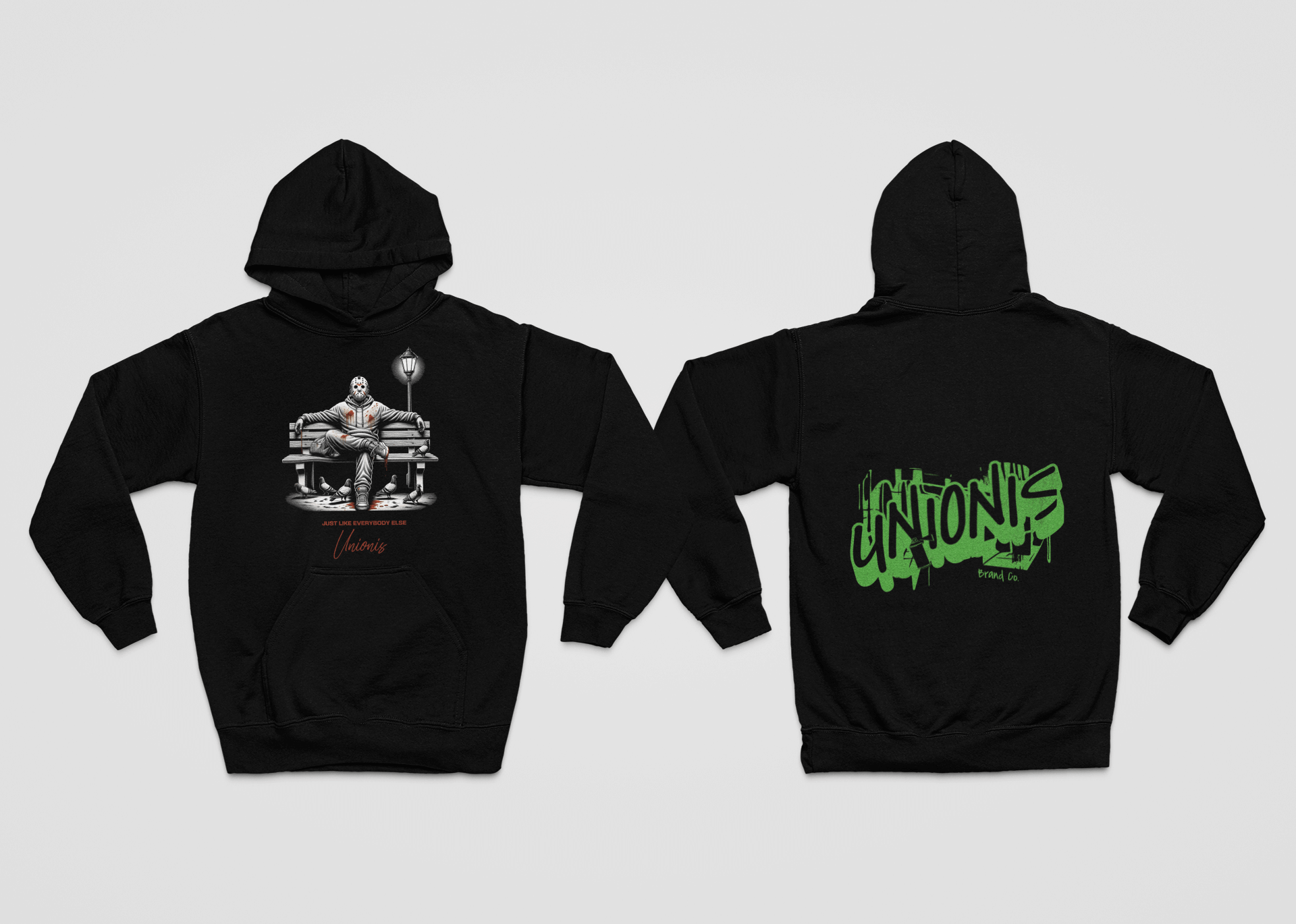 Black oversize hoodie, unisex with high-quality graphic, small Unionis logo; made in Italy, polycotton 320gr for comfortable fit.