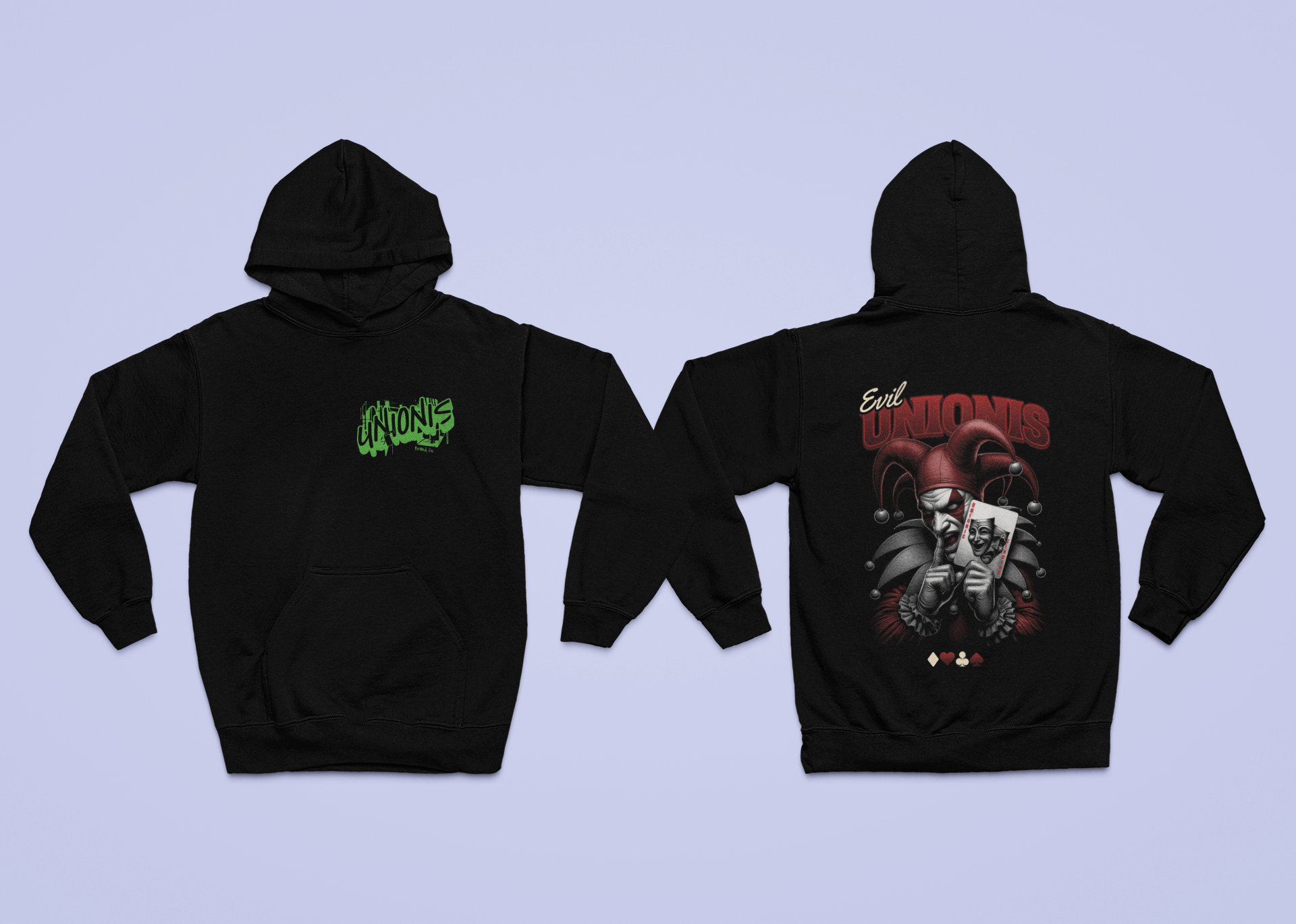 Black unisex oversize hoodie made in Italy, featuring high-quality Joker graphic and Unionis logo, in 320gr polycotton fabric.