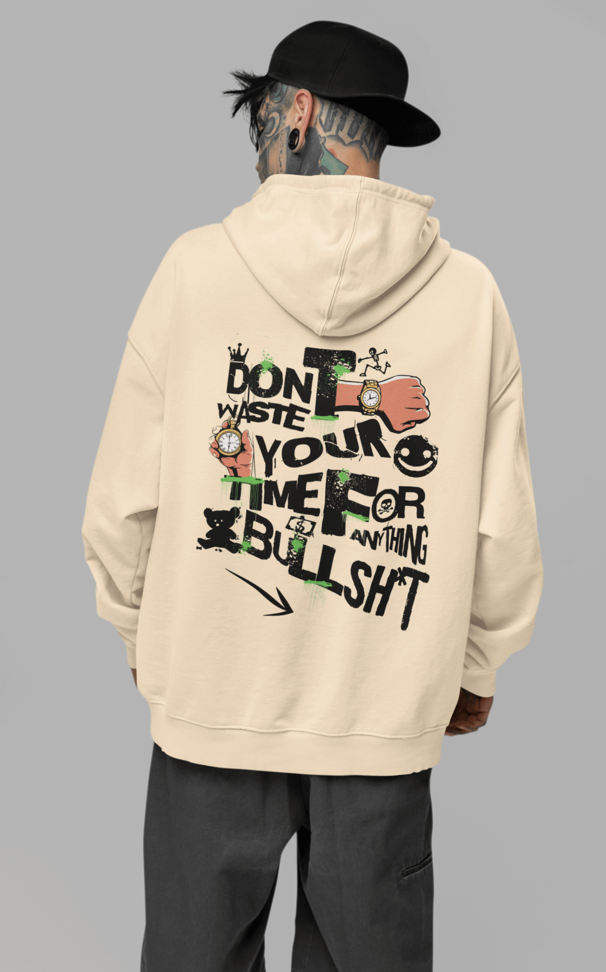 Beige oversize unisex hoodie with bold graphic text, made in Italy with 320gr polycotton; features comfortable fit and small Unionis logo.