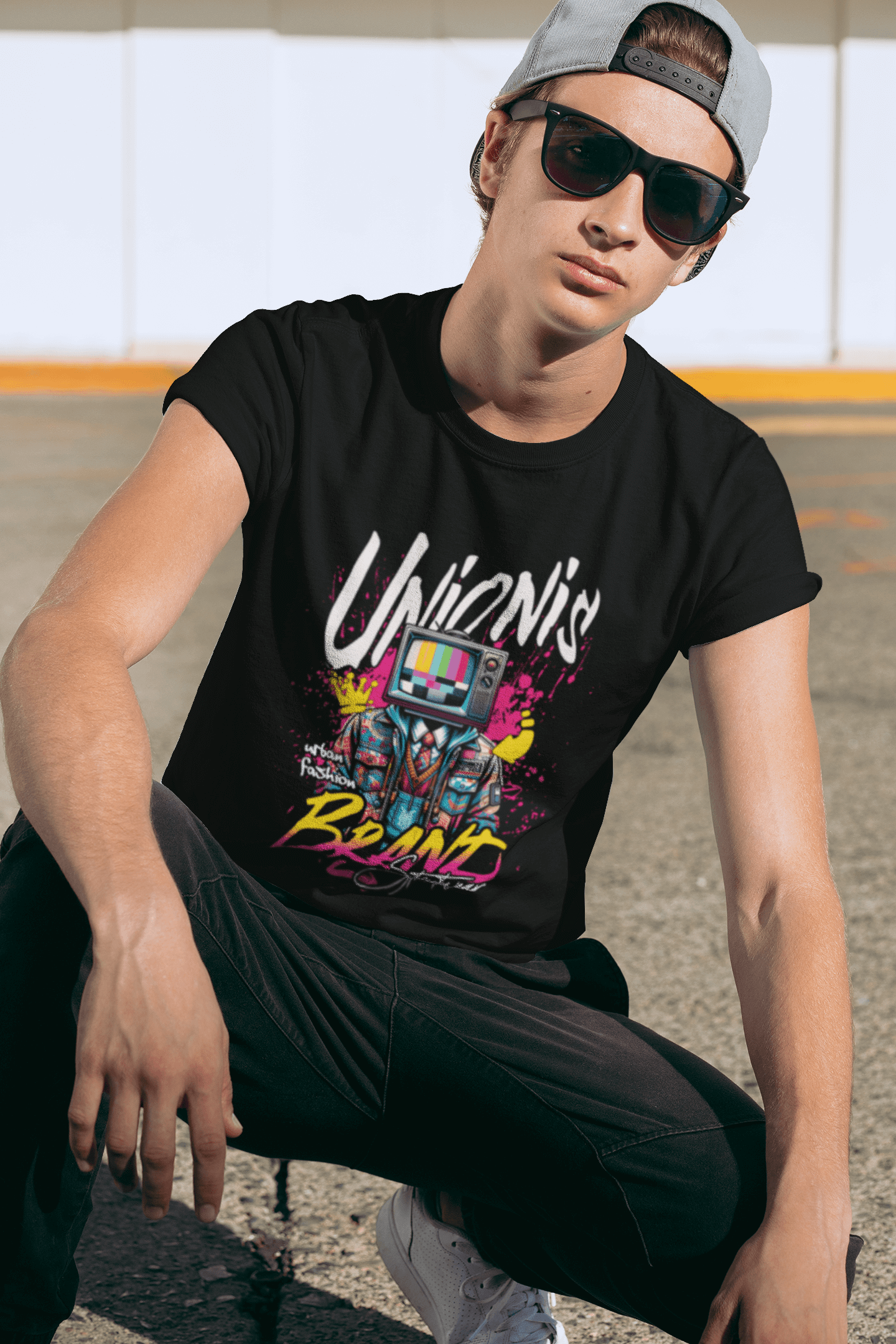 Uomo indossa t-shirt nera con stampa 